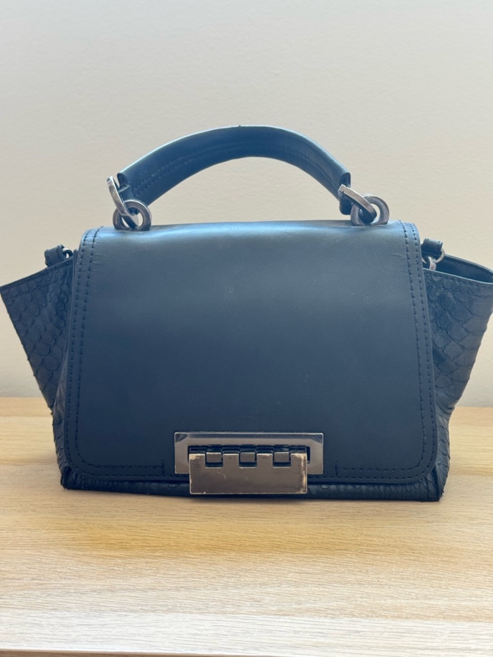 Zac Posen Black Top-Handle Satchel with Metal Push Lock with crossbody carry
